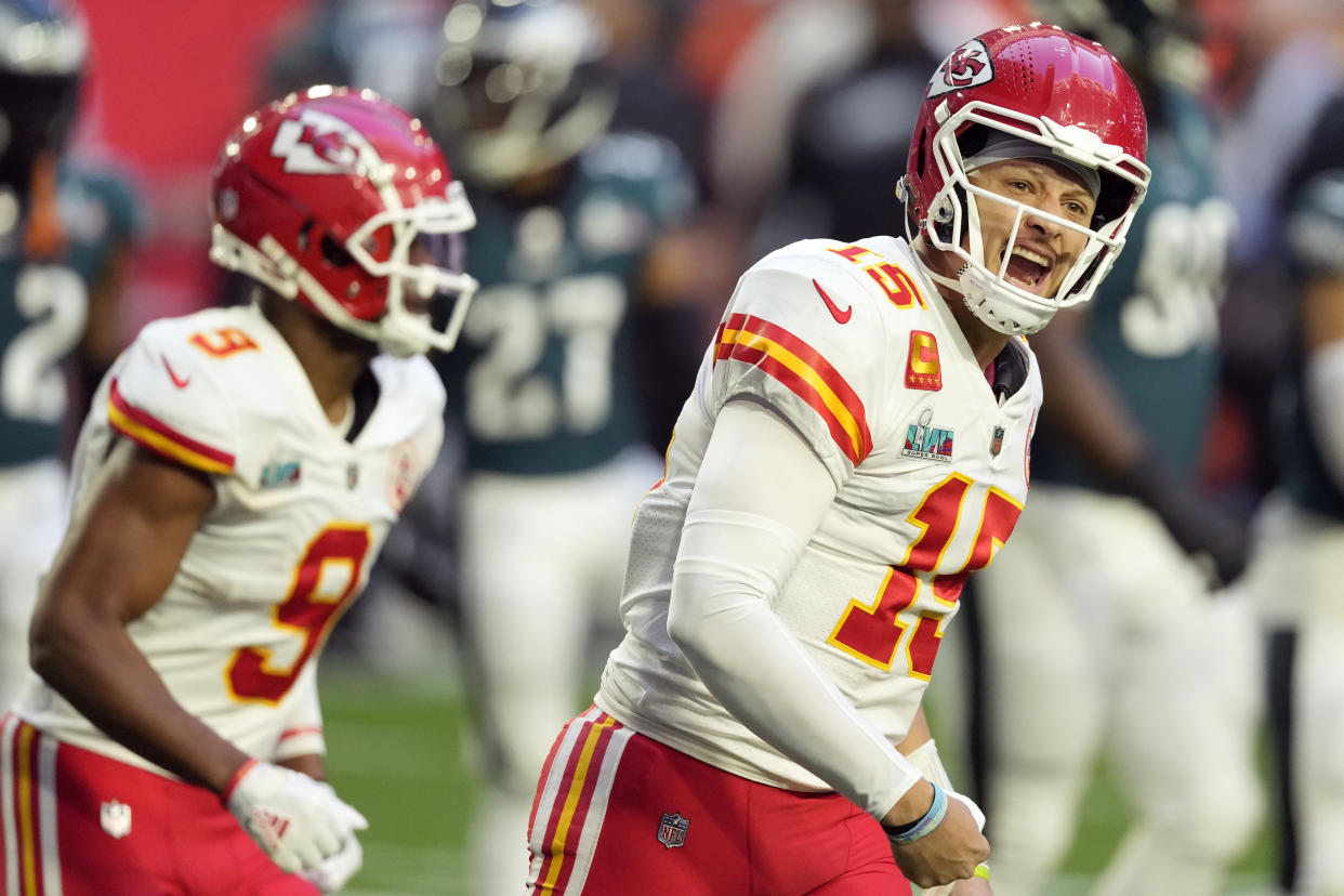 Kansas City Chiefs quarterback Patrick Mahomes (15) celebrates against the Philadelphia Eagles in Super Bowl LVII on Sunday, Feb. 12, 2023, in Glendale, Ariz. (AP Photo/Seth Wenig)