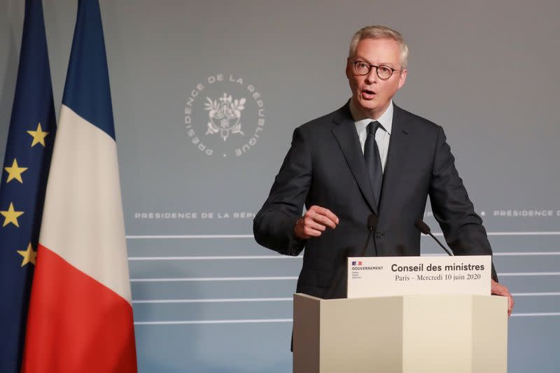 FILE PHOTO: French Economy and Finance Minister Bruno Le Maire addresses a press conference after the weekly cabinet meeting in Paris