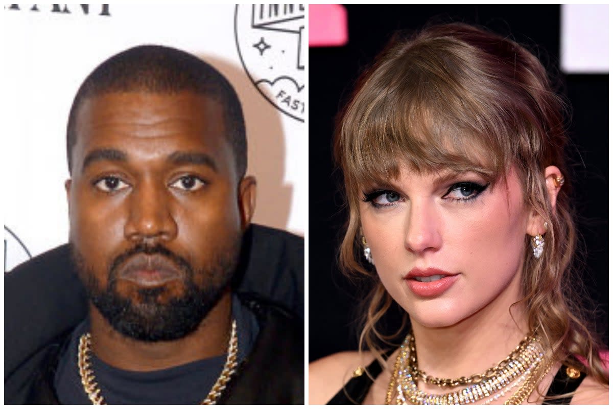 Kanye West (left) has shut down claims old foe Taylor Swift (right) had him ejected from the Super Bowl (ES Composite)