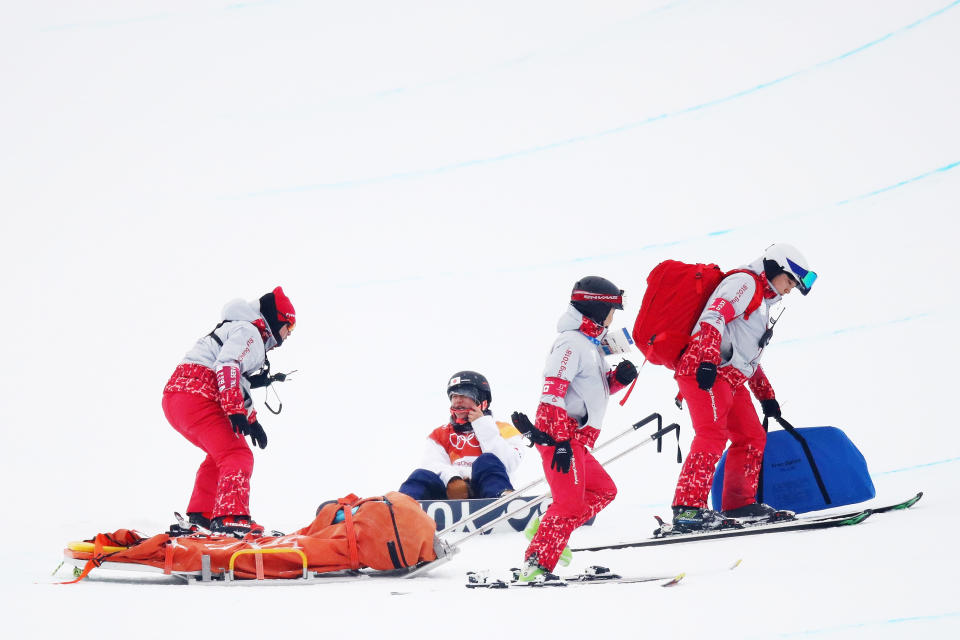 <p>Yuto Totsuka of Japan is attended to by medical staff after crashing in the during the Snowboard Men’s Halfpipe Final on day five of the PyeongChang 2018 Winter Olympics at Phoenix Snow Park on February 14, 2018 in Pyeongchang-gun, South Korea. (Photo by Cameron Spencer/Getty Images) </p>