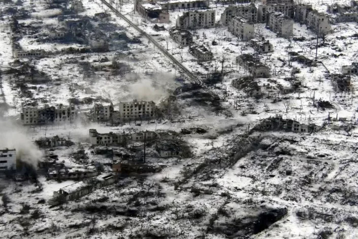 New video footage shot on Feb. 19, 2023 from the air with a drone for The Associated Press shows how particularly intense fighting since the Feb. 24, 2022, invasion has left no building in Marinka intact. The town of Marinka is among those that have been reduced to rubble. It is in Ukraine's eastern Donetsk province, where territory is roughly split between Russian and Ukrainian control. The front line runs through what is left of the town — which is very little. (AP Photo)