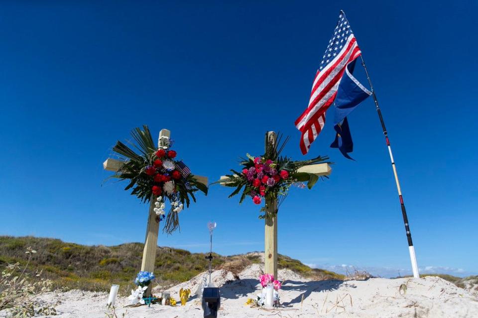 A makeshift memorial for James and Michelle Butler at mile marker 263 on Padre Island Beach was placed near where their bodies were found.