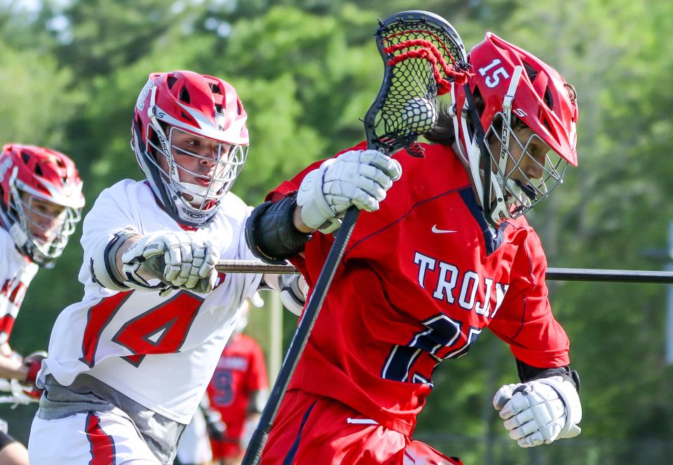 Silver Lake's Aidem Dunphy defends Bridgewater-Raynham's James Murray during a game on Wednesday, May 25, 2022.