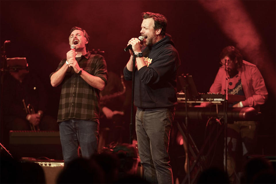 Will Forte and Jason Sudeikis perform a song together during the THUNDERGONG Charity Concert for the Steps of Faith Foundation at Uptown Theater on November 11, 2023 in Kansas City, Missouri.