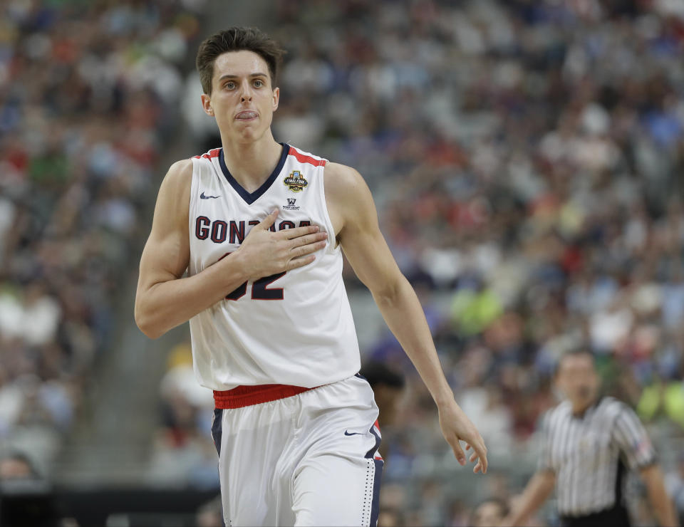 Gonzaga's Zach Collins reacts during the first half in the semifinals of the Final Four NCAA college basketball tournament against South Carolina, Saturday, April 1, 2017, in Glendale, Ariz. (AP Photo/Mark Humphrey)