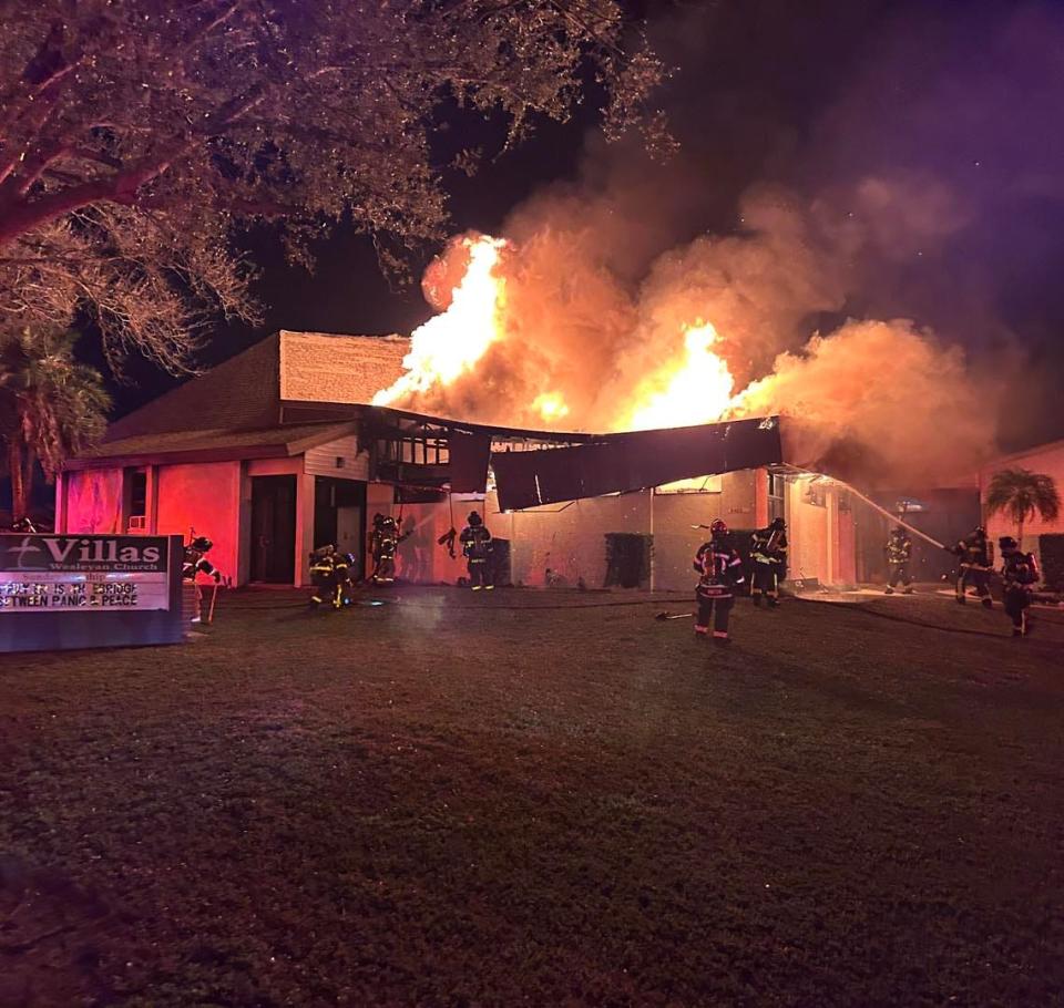 No one suffered injuries after authorities say a fire destroyed a large portion of a church's roof. South Trail Fire & Rescue, aided by Iona McGregor Fire District, responded to a blaze at Villas Wesleyan Church, 8400 Beacon Blvd., in Fort Myers, at 8:09 p.m. Tuesday, Feb. 13, 2024.