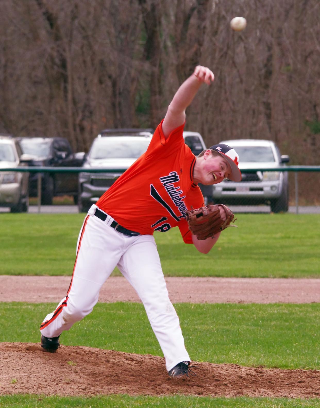 Conor Bagnell, starting pitcher for Middleboro in the baseball game against East Bridgewater on Friday, April 5, 2024. Bagnell had a strong outing, but did let in 3 runs including a 2 run HR blast to Collin Meserve late in the game to account for East Bridgewater's 3-0 victory.