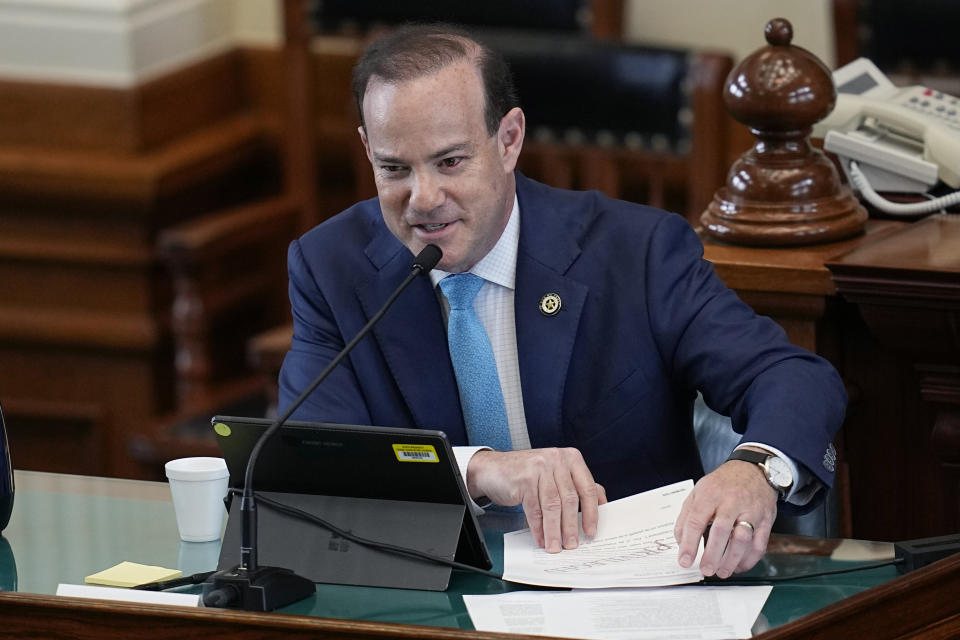 Witness Grant Dorfman, Deputy First Assistant Attorney General, testifies at the impeachment trial for suspended Texas Attorney General Ken Paxton in the Senate Chamber at the Texas Capitol, Thursday, Sept. 14, 2023, in Austin, Texas. (AP Photo/Eric Gay)