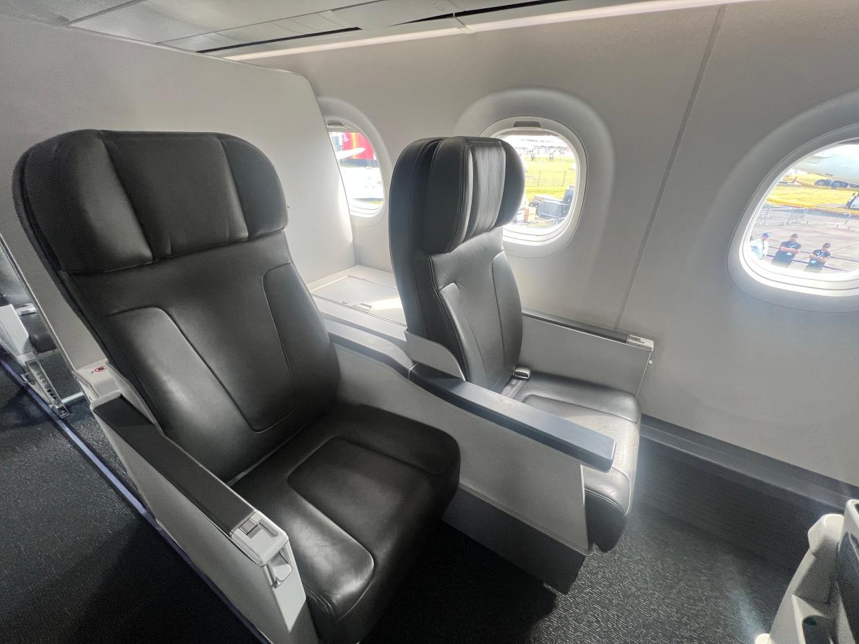 Two premium seats on board an Embraer E195-E2 at the 2024 Farnborough Airshow