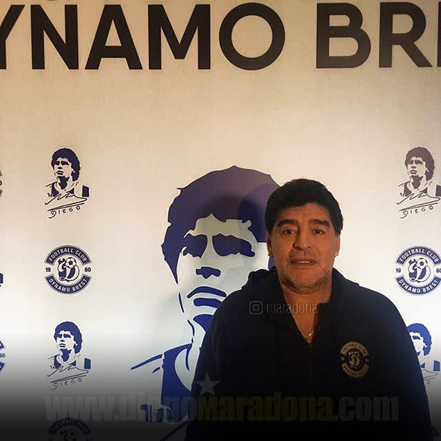 Maradona es el nuevo presidente del equipo de Bielorrusia Dínamo Brest.<a href="https://www.instagram.com/maradona/?hl=en" rel="nofollow noopener" target="_blank" data-ylk="slk:Foto: Maradona/Instagram;elm:context_link;itc:0;sec:content-canvas" class="link "> Foto: Maradona/Instagram</a>