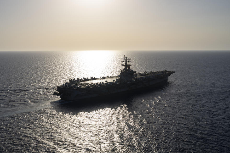 The USS aircraft carrier Dwight D. Eisenhower sails in the Red Sea on Wednesday, June 12, 2024. The USS Dwight D. Eisenhower may be one of the oldest aircraft carriers in the U.S. Navy, but it’s still fighting — despite repeated false claims by Yemen’s Houthi rebels. (AP Photo/Bernat Armangue)