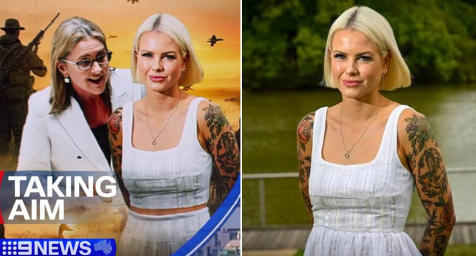 Victorian MP Georgia Purcell pictured right in a white dress (right), while left she appears in a 9 News promotional graphic in an altered image exposing her stomach.