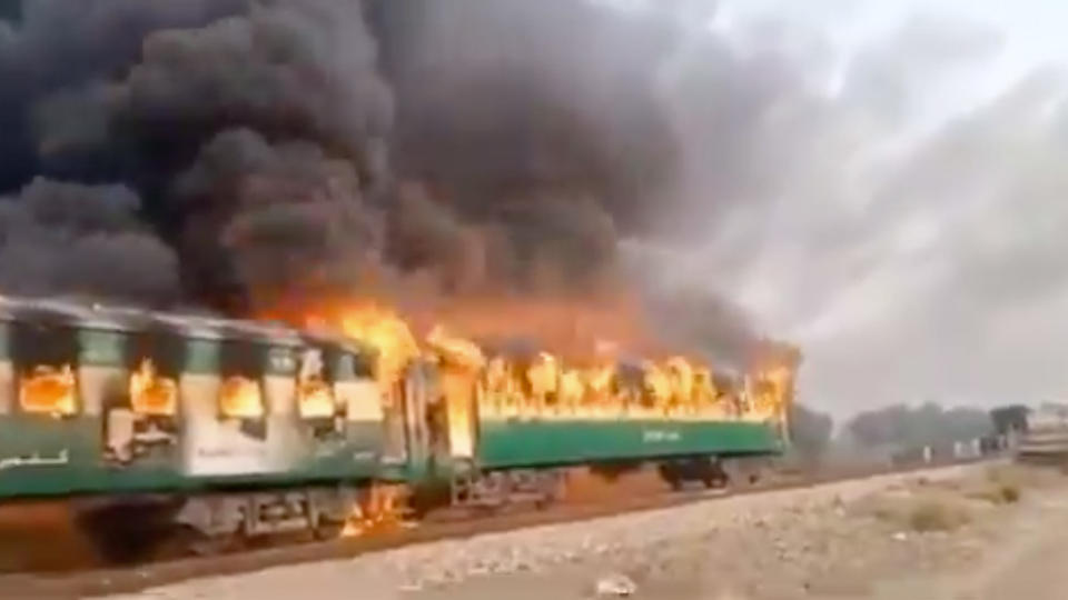 A gas stove exploded on a passenger train in Pakistan, killing more than 70 people. Source: Twitter - Radio Pakistan. 