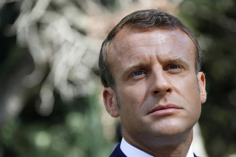 French President Emmanuel Macron attends a ceremony marking the 75th anniversary of the WWII Allied landings in Provence, in Saint-Raphael, southern France, Thursday, Aug. 15, 2019. Starting on Aug. 15, 1944, French and American troops — 350,000 in total — landed on the French Riviera. U.S. forces drove north while French troops — many from French colonies in Africa — moved along the coast to secure key ports. (Eric Gaillard/POOL via AP)