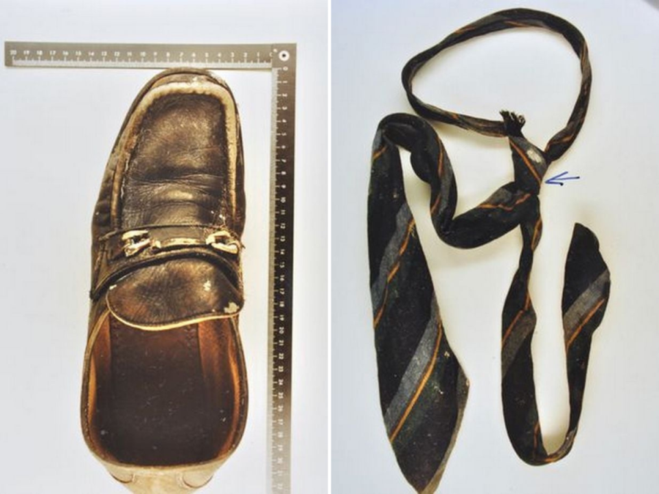 The striped wool tie and Church & Co Ltd leather shoes ‘The Gentleman’ was wearing when he was pulled from the North Sea in 1994 (Police Inspectorate Wilhelmshaven)