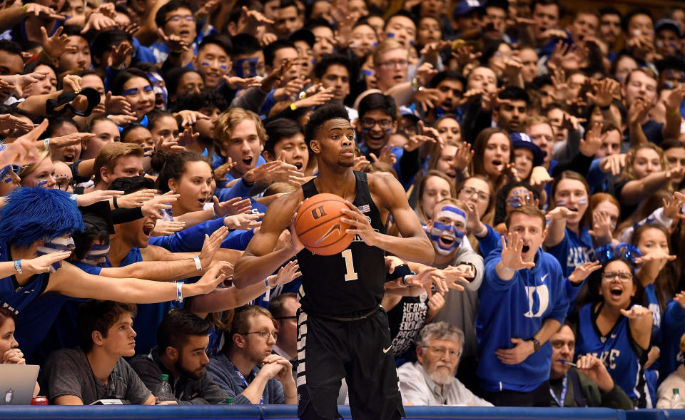 DURHAM, NORTH CAROLINA - MARCH 05: The Cameron Crazies taunt Isaiah Mucius #1 of the Wake Forest Demon Deacons during the second half of their game against the Duke Blue Devils at Cameron Indoor Stadium on March 05, 2019 in Durham, North Carolina. Duke won 71-70. (Photo by Grant Halverson/Getty Images)