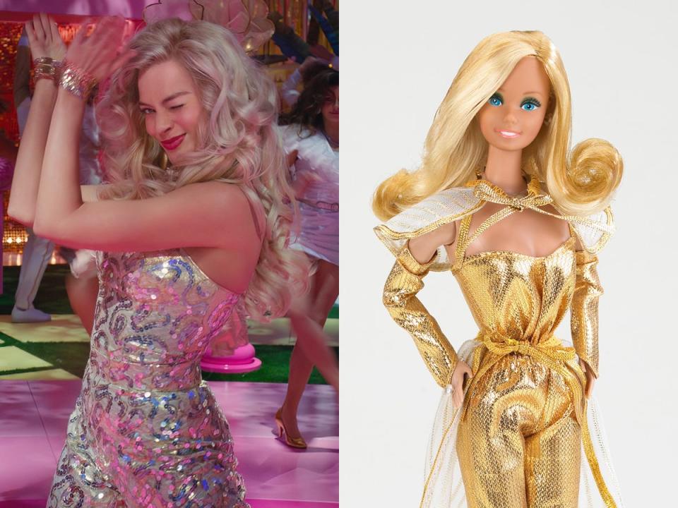 Left: Margot Robbie wearing a gold jumpsuit in "Barbie." Right: Mattel's Golden Dreams Barbie doll.