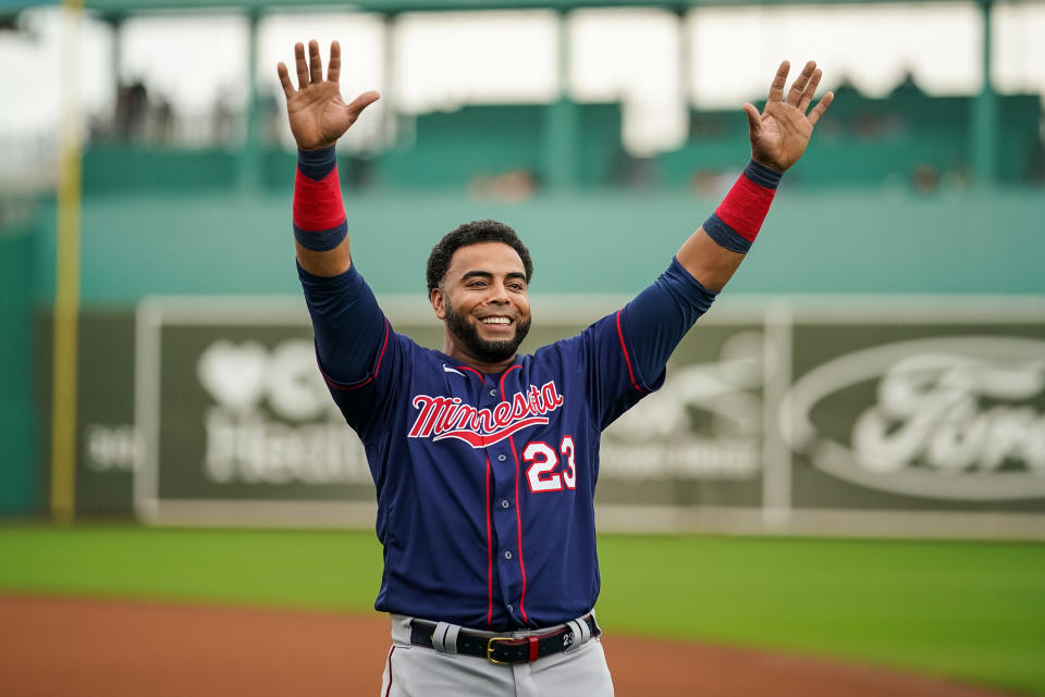 FORT MYERS, FL- MARCH 06: Nelson Cruz #23 of the Minnesota Twins looks on during a spring training game against the Boston Red Sox on March 6, 2021 at the JetBlue Park in Fort Myers, Florida. (Photo by Brace Hemmelgarn/Minnesota Twins/Getty Images)