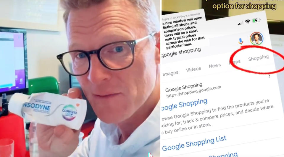 Money-saving guru Joel Gibson on the left holding a tube of toothpaste he found cheaper online with an inset of the Google Shopping interface with where to press to find cheap groceries circled in red.