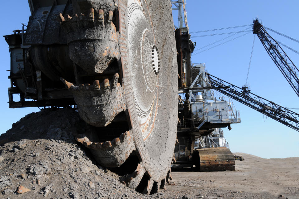 Closeup of a bucketwheel reclaimer at oilsands mines of Fort McMurray, Alberta, Canada.