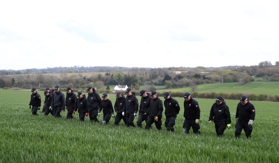 Police officers continue their search of fields close to the hamlet of Snowdown, near Aylesham, East Kent, where the body of PCSO Julia James was discovered on Tuesday April 27. Kent Police launched a murder enquiry following the discovery of the 53-year-old community support officer's body. Picture date: Monday May 3, 2021. (Photo by Gareth Fuller/PA Images via Getty Images)