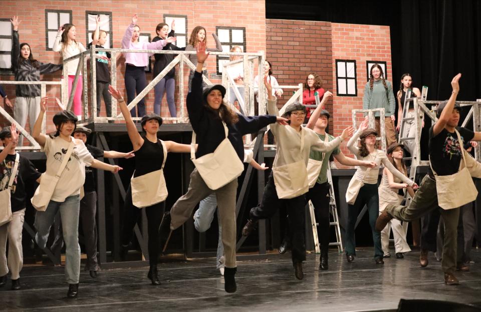 The cast of Newsies rehearse a scene at Mamaroneck High School, Jan. 24, 2024.