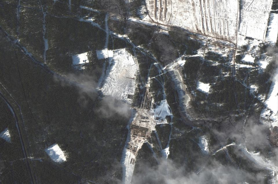 Image: An overview of troops at the Lesnovsky training area, near Baranovichi, Belarus, is seen in this Maxar satellite image taken on January 29, 2022 (Maxar Technologies / Reuters)