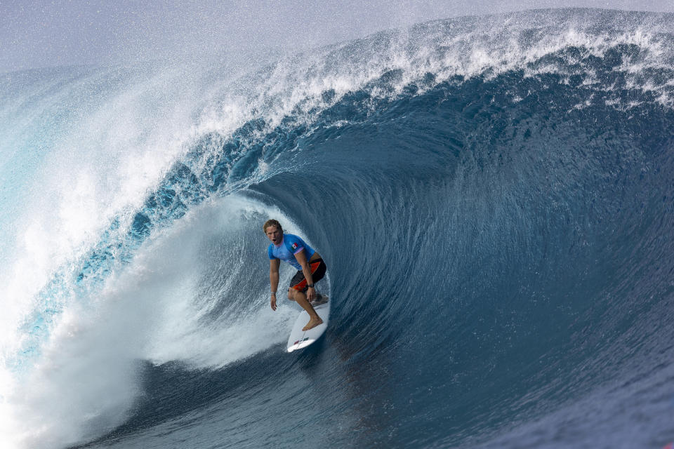 TEAHUPO'O, FRENCH POLYNESIA - JULY 29: Alan Cleland Quininez of Team Mexico rides a wave during round three of surfing on day three of the Olympic Games Paris 2024 on July 29, 2024 in Teahupo'o, French Polynesia. (Photo by Ed Sloane/Getty Images)