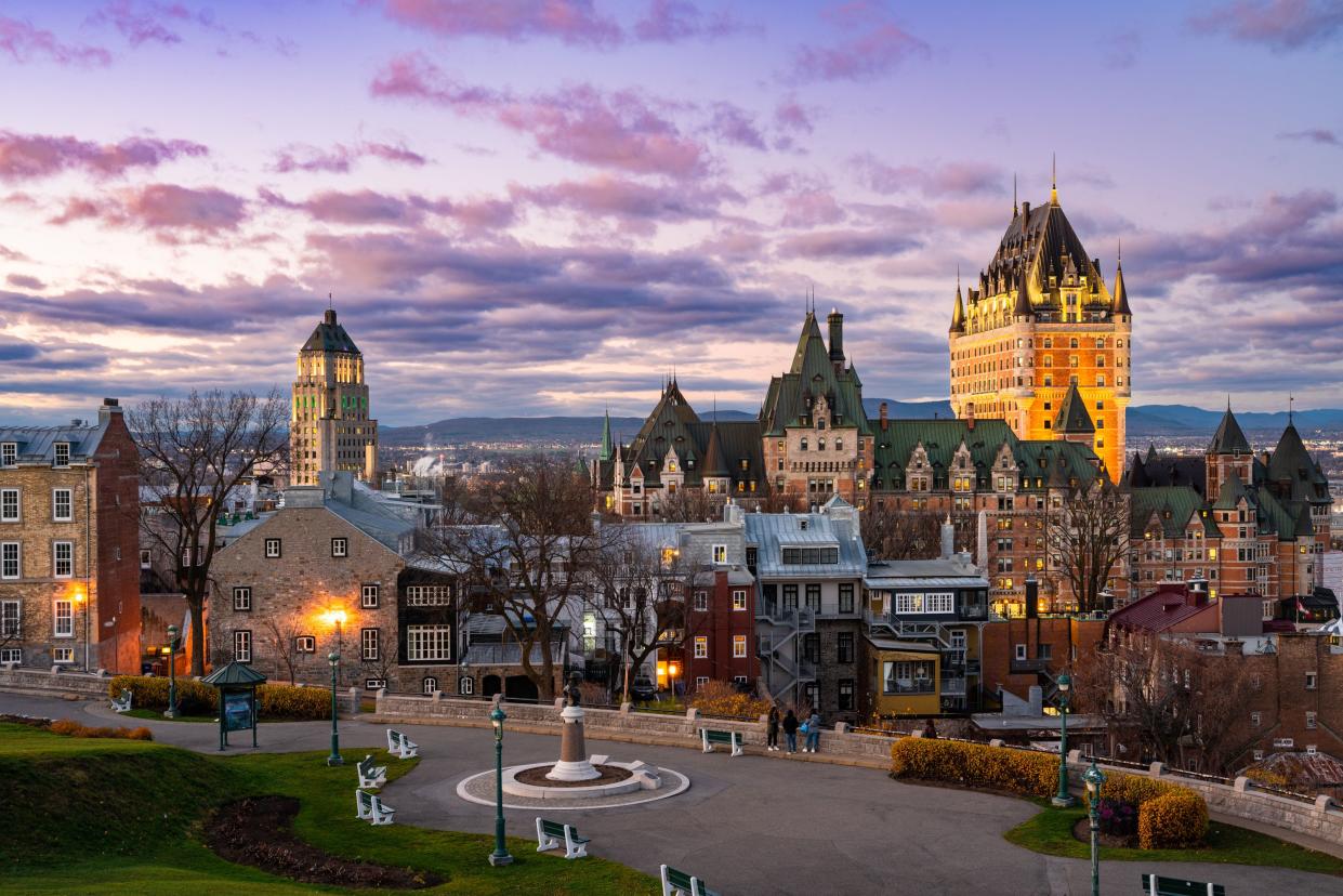 Quebec City Canada sunset view with historic Château Frontenac and old architecture in view