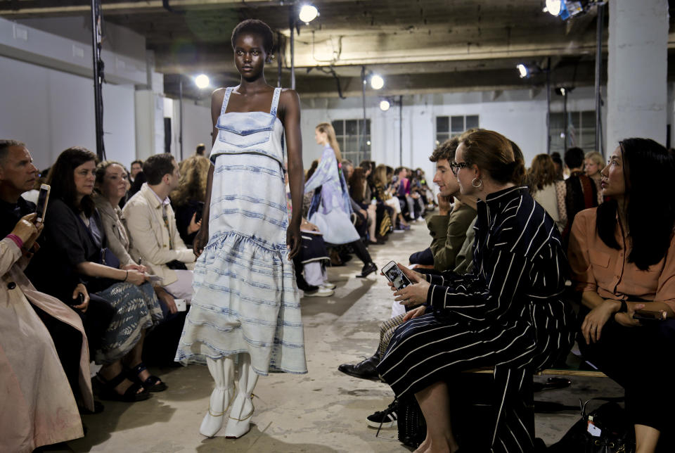 Fashion from Proenza Schouler collection is modeled during Fashion Week, Monday Sept. 10, 2018 in New York. (AP Photo/Bebeto Matthews)