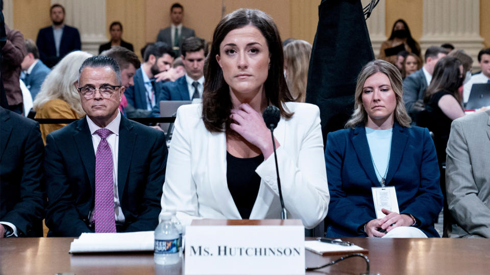 Cassidy Hutchinson, a top aide to former White House Chief of Staff Mark Meadows, testifies during the sixth hearing by the House Select Committee to Investigate the January 6th Attack on the US Capitol, in the Cannon House Office Building in Washington, DC, on June 28, 2022. (Andrew Harnik/AFP via Getty Images)