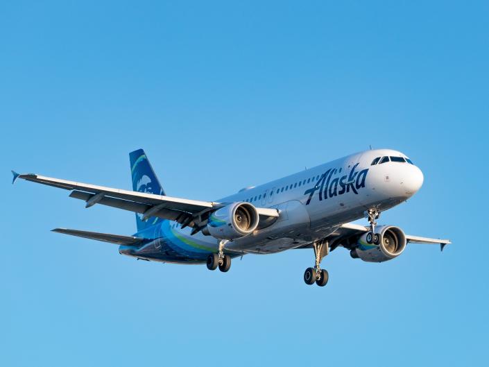 An Alaska Airlines plane in flight.