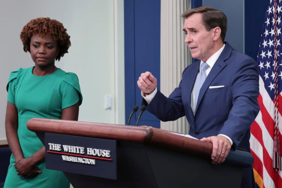 National Security Council coordinator for strategic communications John Kirby, right, answers questions with White House press secretary Karine Jean-Pierre (L) during the daily briefing at the White House on August 02, 2022 in Washington, DC. (Photo by Win McNamee/Getty Images)