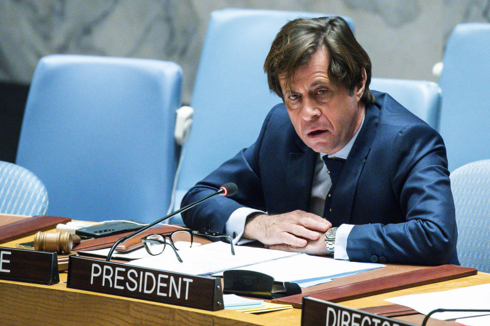 Nicolas de Riviere, Permanent Representative of France to the United Nations, speaks to delegates during a security council meeting at United Nations Headquarters, Monday, Jan. 22, 2024. (AP Photo/Eduardo Munoz Alvarez)