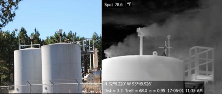 <span class="caption">Left: a natural gas storage tank as it would look to the naked eye. Right: the tank as seen by an infrared camera, showing methane gas being vented from the tank, a regular procedure to maintain safe pressure.</span> <span class="attribution"><span class="source">Robert Howarth/Biogeosciences</span>, <span class="license">Author provided</span></span>