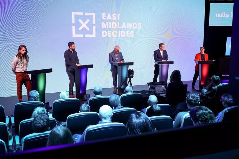 East Midlands mayoral election candidates pictured on stage as the hustings takes place. Pictured from left to right, is: Frank Adlington-Stringer of the Green Party, Ben Bradley of the Conservative Party Alan Graves of the Reform Party, Matt Relf an Independent and Claire Ward of the Labour Party