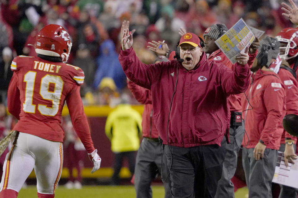 Kansas City Chiefs head coach Andy Reid reacts during the first half of an NFL football game against the Philadelphia Eagles, Monday, Nov. 20, 2023, in Kansas City, Mo. (AP Photo/Ed Zurga)