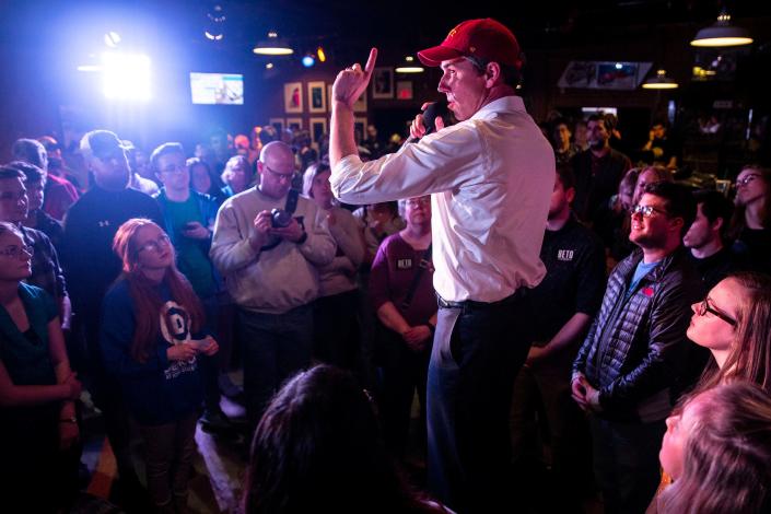 Beto O'Rourke, Democratic candidate for president, speaks to a crowd of people gathered in the Maintenance Shop on the Iowa State University campus, on Wednesday, April 3, 2019, in Ames, Iowa. This is O'Rourke's second trip tp Iowa after announcing his campaign. 