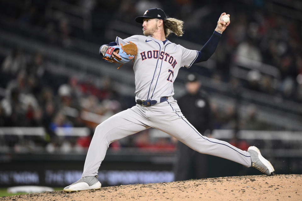 Houston Astros relief pitcher Josh Hader throws during the ninth inning of a baseball game against the Washington Nationals, Friday, April 19, 2024, in Washington. (AP Photo/Nick Wass)