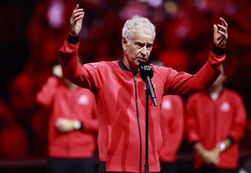 VANCOUVER, BRITISH COLUMBIA - SEPTEMBER 24: Captain John McEnroe of Team World speaks during the Laver Cup Trophy presentation after his team defeated Team Europe during day three of the Laver Cup at Rogers Arena on September 24, 2023 in Vancouver, British Columbia. (Photo by Jeff Vinnick/Getty Images for Laver Cup)