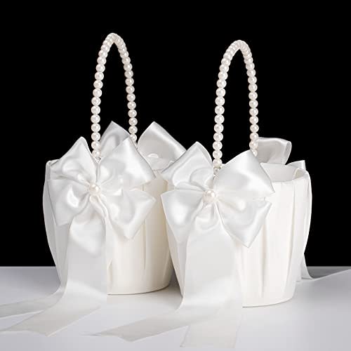 Flower Girl Baskets for Wedding,Ivory Flower Girl Basket With Pearl Handle set of 2,Wedding Baskets for Flower Girls