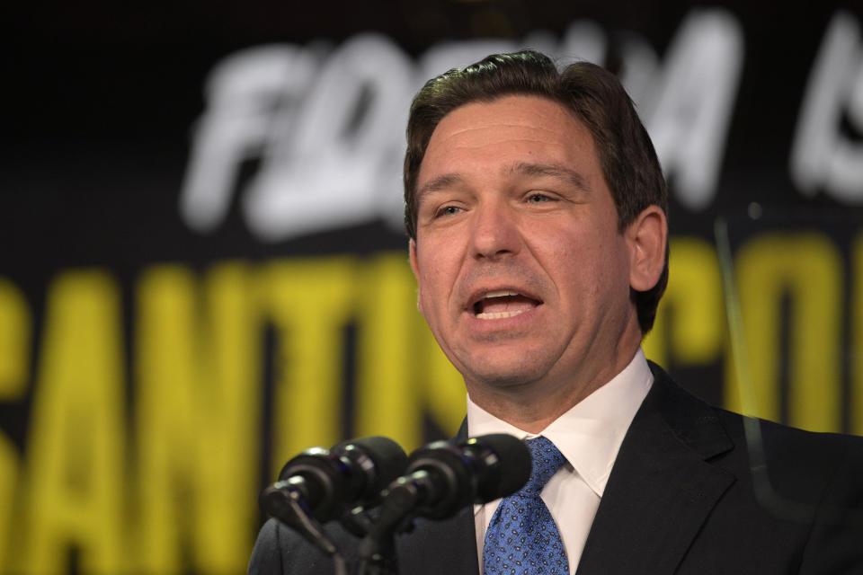 Republican presidential candidate Florida Gov. Ron DeSantis addresses attendees at the Republican Party of Florida Freedom Summit, Saturday, Nov. 4, 2023, in Kissimmee, Fla. (AP Photo/Phelan M. Ebenhack)