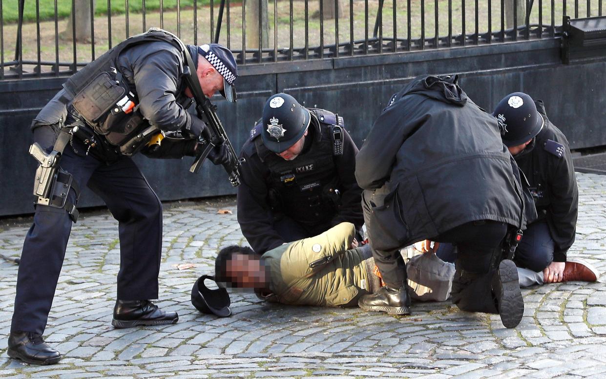 Armed police restrain a man inside the grounds of the Houses of Parliament -  PETER NICHOLLS/ PETER NICHOLLS