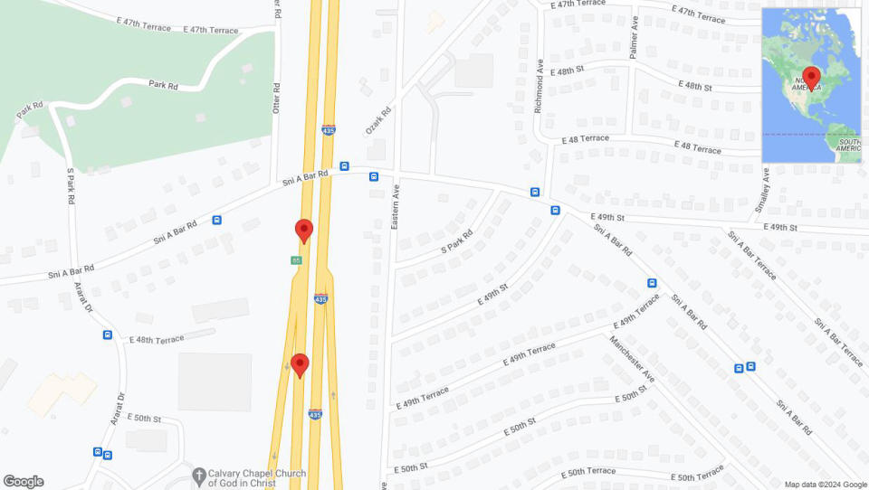 A detailed map that shows the affected road due to 'Broken down vehicle on southbound I-435 in Kansas City' on January 4th at 11:42 p.m.