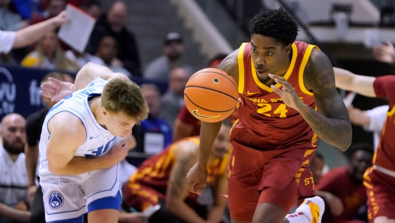 Iowa State forward Hason Ward (24), steals the ball from BYU guard Dallin Hall, left, during game Tuesday, Jan. 16, 2024, in Provo, Utah. The Cougars and Cyclones square off again Wednesday in Ames, Iowa.