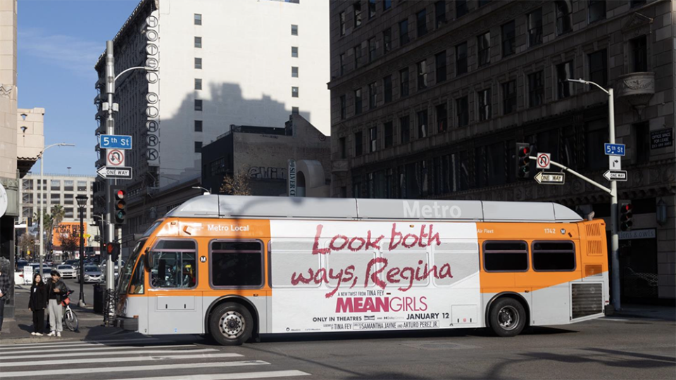 A bus advertisement for the new “Mean Girls” movie musical