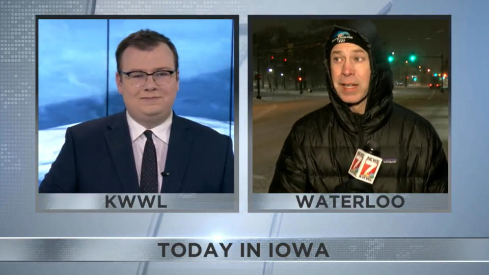 Mark Woodley did not have a good time reporting from the blizzards in Waterloo, Iowa. (KWWL-TV)