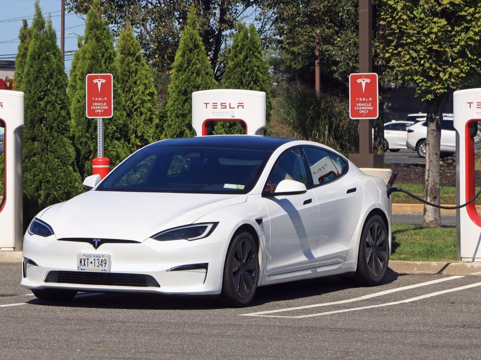 A Tesla Model S at a charging station in New York.