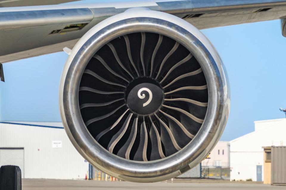 <p>Getty</p> Front view of a jet turbine engine in California