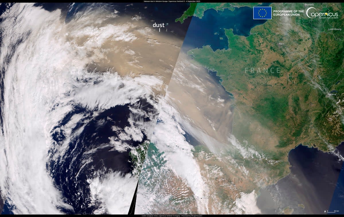 The dust cloud was captured on satellite imagery moving across the Medierranean to the UK (PA)